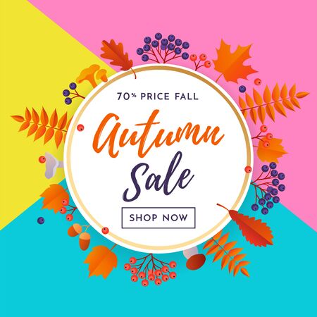 Autumn gold sale poster or September shopping promo banner for autumnal 70 percent discount.のイラスト素材