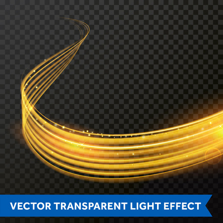 Light line gold swirl or sparkling fire trail effect. Vector glitter light flare trace or magic sparkle swirl on transparent background. Bokeh light glitter round wave line with sparkling particlesのイラスト素材