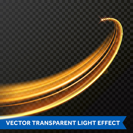 Light trail or gold line swirl glittering effect. Vector glitter light of fire flare trace or magic glitter particles sparkles on transparent background. Bokeh light round wave with sparkling glowのイラスト素材