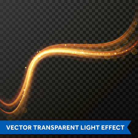 Light line gold swirl effect. Vector glitter light fire flare trace. Magic sparkle swirl trail effect on transparent background. Bokeh light glitter round wave line with sparkling particlesのイラスト素材