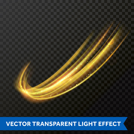 Vector light effect of gold glowing line swirl. Glittering light of fire flare trace or magic sparkles and glitter swirl trail on transparent background. Bokeh light round wave with sparkling glowのイラスト素材