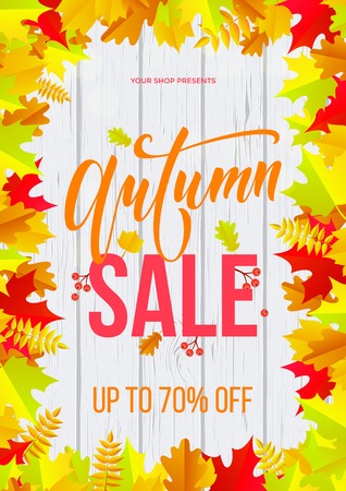 Autumn sale poster or banner for September fall shopping with maple leaf and discount text for autumnal orange design.のイラスト素材