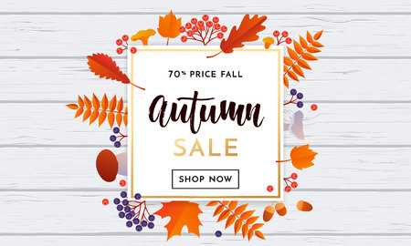 Autumn sale poster or autumnal shopping promo banner for September fall of maple leaf, oak acorn foliage and discount text. Vector design for shop leaflet or web banner on white wood backgroundのイラスト素材