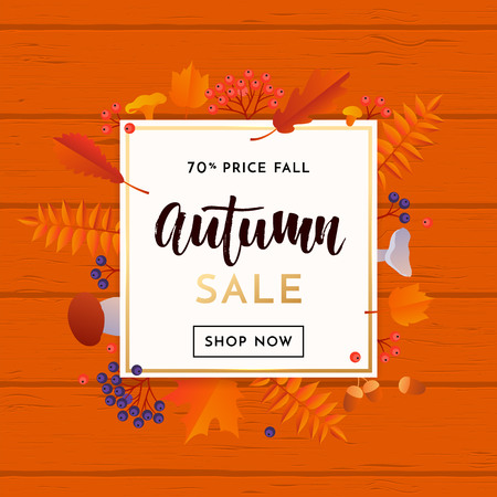 Autumn gold sale poster or September shopping promo banner for autumnal 70 percent discount. Vector maple and oak acorn leaf foliage and discount text design for online shop, leaflet or web bannerのイラスト素材