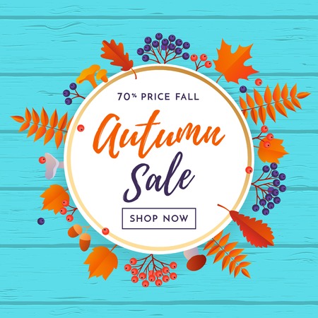 Autumn sale poster with gold discount text for September shopping promo or autumnal shop design. Vector maple and oak acorn leaf foliage, mushroom and berry background for leaflet or web bannerのイラスト素材