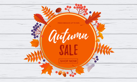 Autumn sale banner with gold discount text for September shopping promo or autumnal shop design. Vector maple and oak acorn leaf foliage, mushroom and berry background for leaflet or web posterのイラスト素材