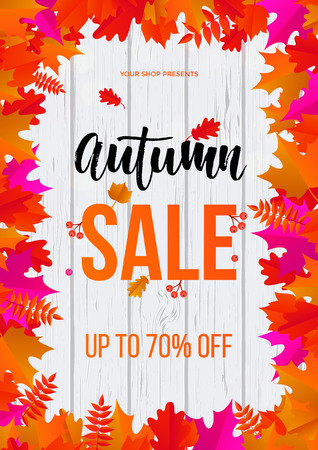 Autumn sale poster or promo banner for September fall shopping with maple and oak acorn leaf foliage and discount text on wood background. Vector autumnal 70 percent design for web shop poster leafletのイラスト素材