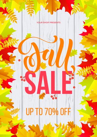 Autumn fall sale text poster template for September shopping promo or 70 percent autumnal shop discount. Vector maple and oak acorn leaf foliage background.のイラスト素材