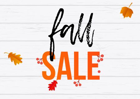 Fall sale poster or web banner template for September shopping discount promo. Vector rowanberry, maple or oak rowan leaf foliage pattern on wooden fence background.のイラスト素材