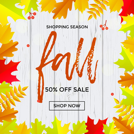 Fall sale banner background with abstract autumnal maple leaf pattern. Vector calligraphy font Fall Sale design on white wood fence for autumn shopping discount promo poster.のイラスト素材