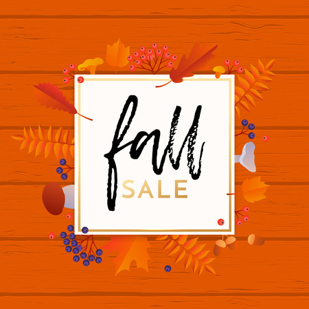 Fall sale banner or poster background with abstract autumnal maple, oak and rowan leaf pattern. Vector golden calligraphy font Fall Sale design on orange wood fence.のイラスト素材
