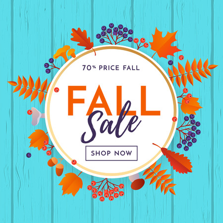 Fall sale leaf pattern background of autumnal maple, oak or rowan leaf for autumn shopping discount promo vector web banner or poster.のイラスト素材