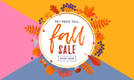 Fall gold sale poster or September shopping promo banner for autumnal discount. Vector autumn maple and oak acorn leaf foliage or sale text design for online shop, leaflet or web banner backgroundのイラスト素材