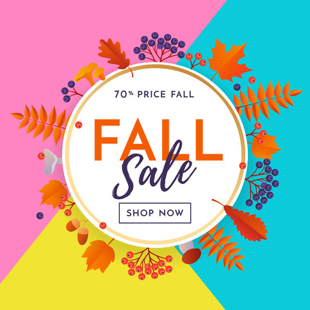 Fall sale poster discount text for autumn fall shopping promo or autumnal shop design. Vector maple and oak acorn leaf foliage, mushroom and berry background.のイラスト素材