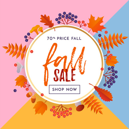 Fall sale banner with gold discount text for autumn shopping promo or autumnal shop design. Vector maple and oak acorn leaf foliage fall, mushroom and berry background.のイラスト素材