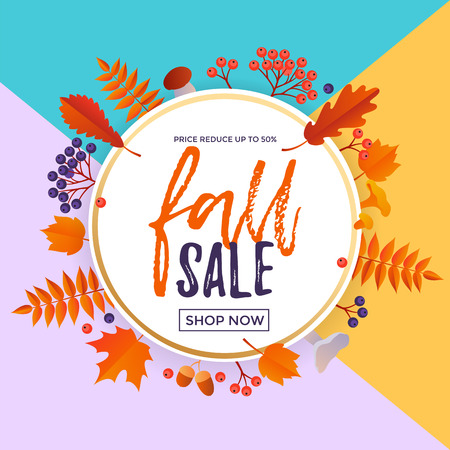 Fall sale poster or autumnal shopping promo banner of autumn maple leaf, oak acorn foliage and discount text. Vector design for shop leaflet or fall sale web banner background.のイラスト素材