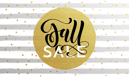 Fall sale gold glitter pattern background for autumn fashion shopping discount or shop promo luxury premium poster. Vector golden calligraphy font Fall Sale design in circle on white background.のイラスト素材