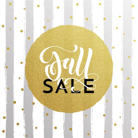 Fall sale gold glitter pattern background for autumn fashion shopping discount or shop promo luxury premium poster. Vector golden calligraphy font Fall Sale design in circle on stripe background.のイラスト素材