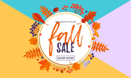 Fall sale poster or autumnal shopping promo banner of autumn maple leaf, oak acorn foliage and discount text. Vector design for shop leaflet or fall sale web banner background.のイラスト素材