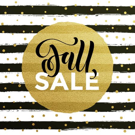 Fall sale gold pattern background for autumn fashion shopping discount or shop promo. Vector calligraphy font Fall Sale design in circle on white background luxury premium poster.のイラスト素材