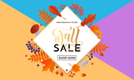 Fall gold sale poster or September shopping promo banner for autumnal discount. Vector autumn maple and oak acorn leaf foliage or sale text design for online shop, or web banner background.のイラスト素材