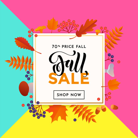Fall sale poster discount text for autum fall shopping promo or autumnal shop design. Vector maple and oak acorn leaf foliage, mushroom and berry background for leaflet or sale web bannerのイラスト素材