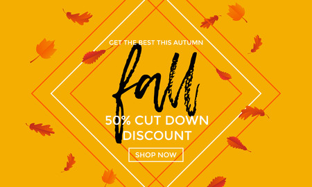 Fall gold sale poster or September shopping promo banner for autumnal discount. Vector autumn maple and oak acorn leaf foliage or sale text design for online shop, leaflet or web banner backgroundのイラスト素材