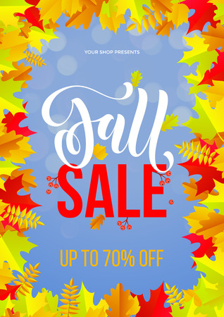 Fall sale poster or autumnal shopping promo banner of autumn maple leaf, oak acorn foliage and discount text. Vector design for shop leaflet or fall sale web banner backgroundのイラスト素材