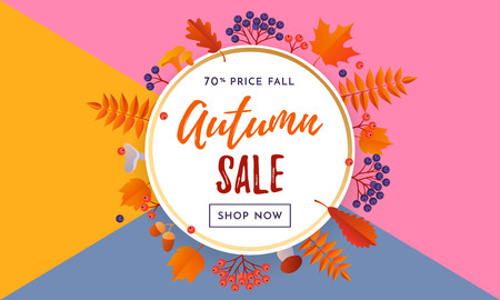 Autumn sale text poster template for September shopping promo or 70percent autumnal shop discount. Vector maple and oak acorn leaf foliage background for discount design of leaflet or web bannerのイラスト素材