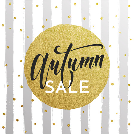 Autumn sale text golden banner for September shopping promo or autumnal shop discount. Vector gold dot and stripe lines pattern, background for discount design of leaflet or web bannerのイラスト素材