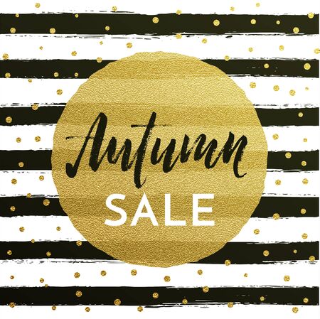Autumn sale text golden banner for September shopping promo or autumnal shop discount. Vector gold dot and stripe lines pattern, background for discount design of leaflet or web bannerのイラスト素材