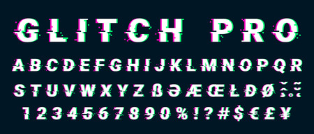 Glitch distorted font letter set with broken pixel effect. Vector retro video game alphabet. Old distorted TV matrix effect.のイラスト素材