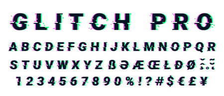 Glitch distorted font letter set with broken pixel effect. Vector retro video game alphabet. Old distorted TV matrix effect.のイラスト素材