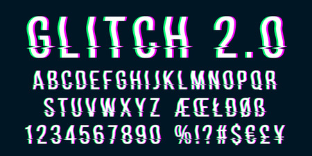 Glitch distorted font letter set with broken pixel wave clutter effect. Vector retro video game alphabet. Old distorted TV matrix effect.のイラスト素材