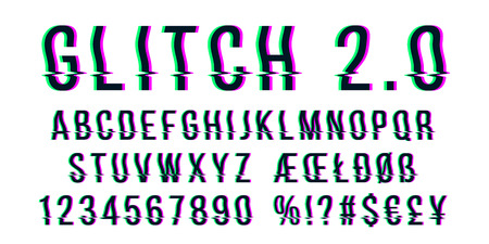 Glitch distorted font letter set with broken pixel wave clutter effect. Vector retro video game alphabet. Old distorted TV matrix effect.のイラスト素材