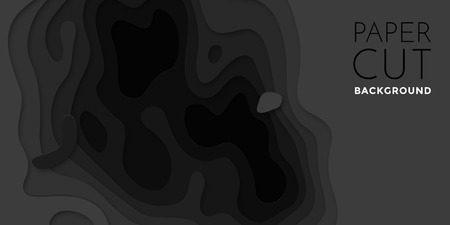 3D paper-cut banner of gradient black paper layers. Vector background design of horizontal abstract smooth origami shape paper cut.のイラスト素材