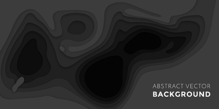 3D papercut banner of gradient black paper layers. Vector background design of horizontal abstract smooth origami shape paper cut.のイラスト素材