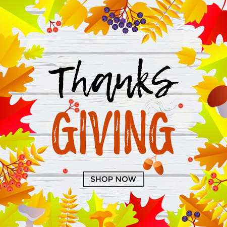 Thanksgiving sale calligraphy text poster, web banner for September autumn shopping promo or autumnal shop discount background.のイラスト素材
