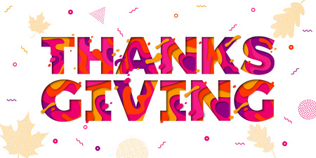 Thanksgiving paper cut color font text for holiday celebration greeting card or sale banner design on autumn leaf pattern background.のイラスト素材