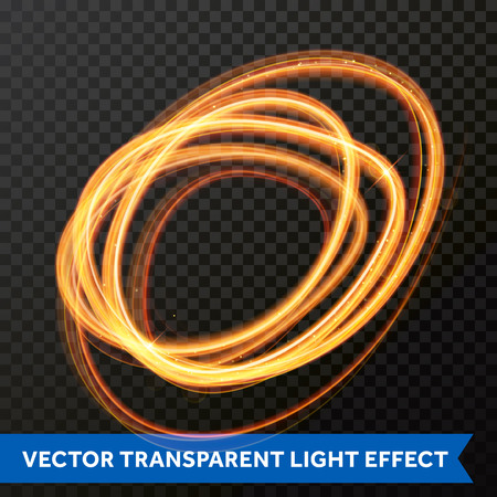 Vector fire light circle trail effect of gold line swirl trace. Glowing flare light or glittering magic sparkle on transparent background. Bokeh light glitter round wave of sparkling particles effectのイラスト素材