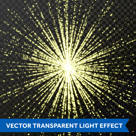 Light shine glittering rays or beams. Optical bright fiber glitter light effect on transparent background. Vector gold luminous glowing space light lines with particle star dust effectのイラスト素材