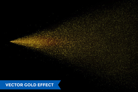 Light particles dispersion of gold glitter spray on black background. Vector golden dust or glowing magic mist spray with drops in motion. Abstract glittering stardust glow design for cosmetic sprayerのイラスト素材