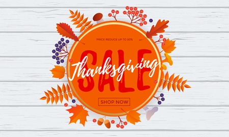 Thanksgiving fall sale banner discount text for autumn shopping promo or autumnal shop design. Vector maple and oak acorn leaf foliage background for Thanksgiving leaflet or sale web posterのイラスト素材