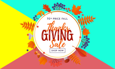 Thanksgiving sale text poster for September shopping promo or autumnal shop discount background. Vector autumn or fall maple and oak leaf foliage for Thanksgiving discount design of sale web bannerのイラスト素材