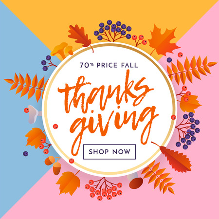 Thanksgiving sale poster template for September autumn shopping promo or autumnal seasonal web banner. Vector fall lettering with maple and oak leaf foliage background for Thanksgiving sale discountのイラスト素材