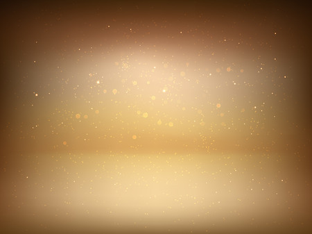 Gold studio background with spotlight gradient and glitter sparks for premium, luxury product shooting. Vector sepia or golden light room with empty floor backdropのイラスト素材