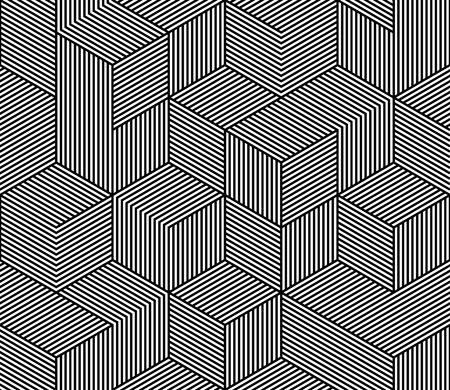 Seamless vector pattern line texture with abstract irregular hexagon grid 3d cube structure. Striped geometric honeycomb wallpaper design for wrapping, cover template.のイラスト素材