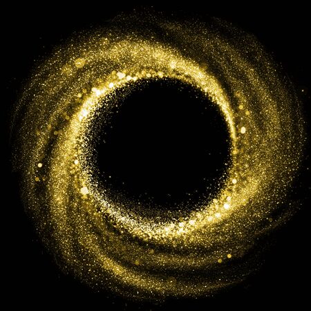 Gold glitter particle swirl circle effect. Sparkling light twirl of glowing glittering particles whirl texture. Space star dust round shine or wind wave spin with glow tail on black backgroundの写真素材