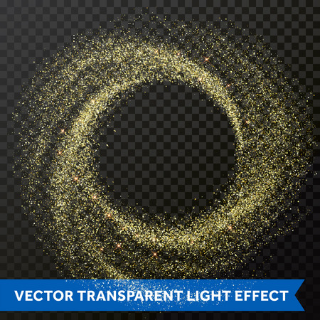 Gold glitter particles swirl or circle spin effect on transparent background. Vector sparkling shining light twirl of glowing glittering particles or space star dust with stardust space glow textureのイラスト素材