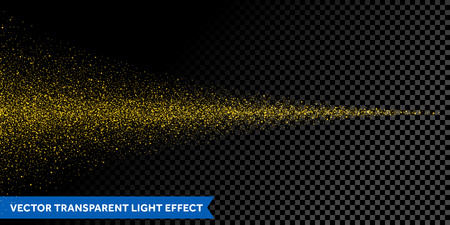 Light particles dispersion of gold glitter spray on transparent background. Vector golden dust or glowing magic mist spray with drops in motion. Abstract glittering stardust glow designのイラスト素材